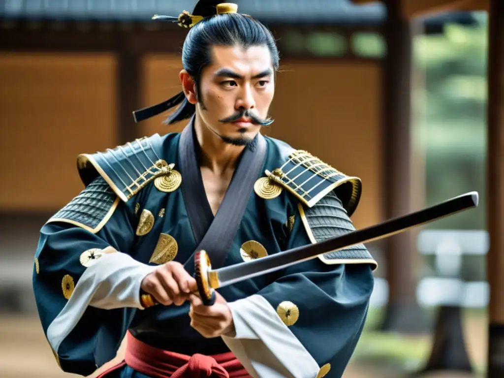 Un samurái japonés realiza el ceremonial corte con katana, exudando autenticidad y solemnidad