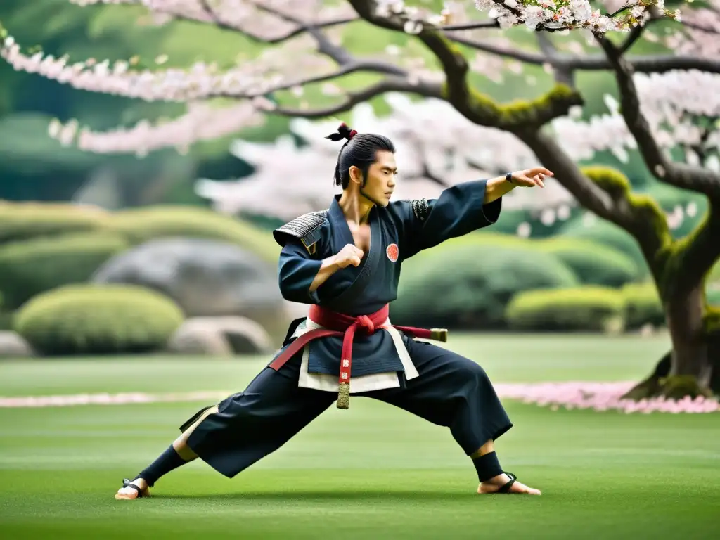 Un samurái japonés se entrena en un jardín con cerezos en flor, mostrando fuerza y agilidad, en sintonía con la Dieta Bushido: Fuerza y Agilidad