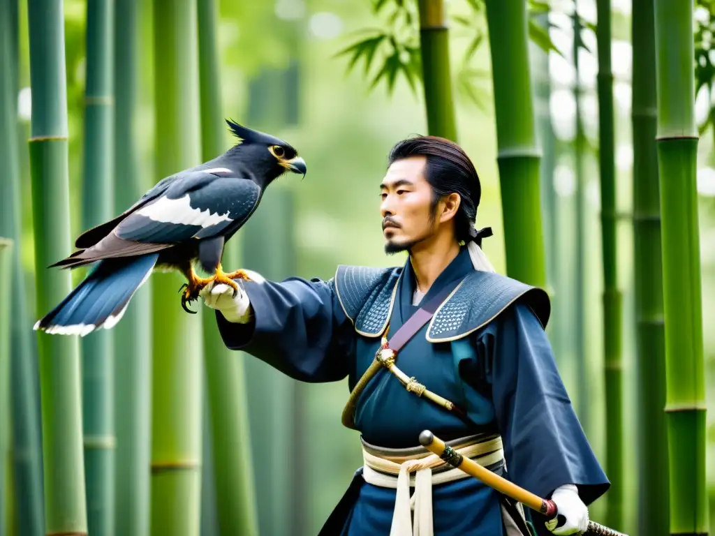 Un samurái japonés practicando cetrería en un bosque de bambú, reflejando la influencia de la cetrería en Bushido