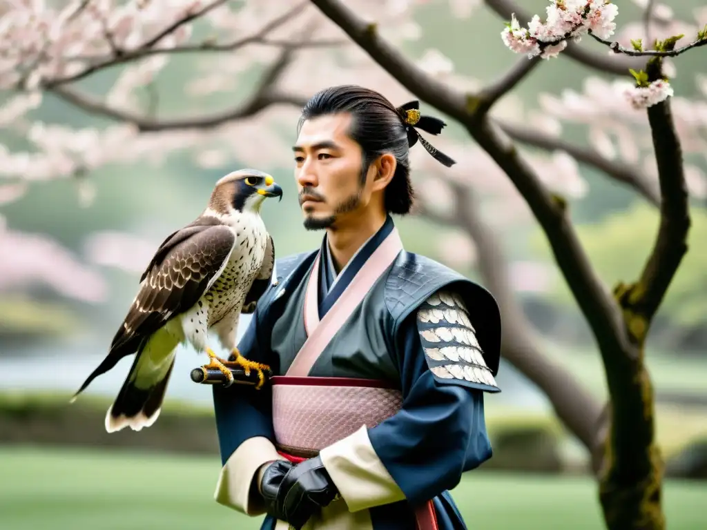 Un samurái japonés practica cetrería en un jardín con cerezos en flor