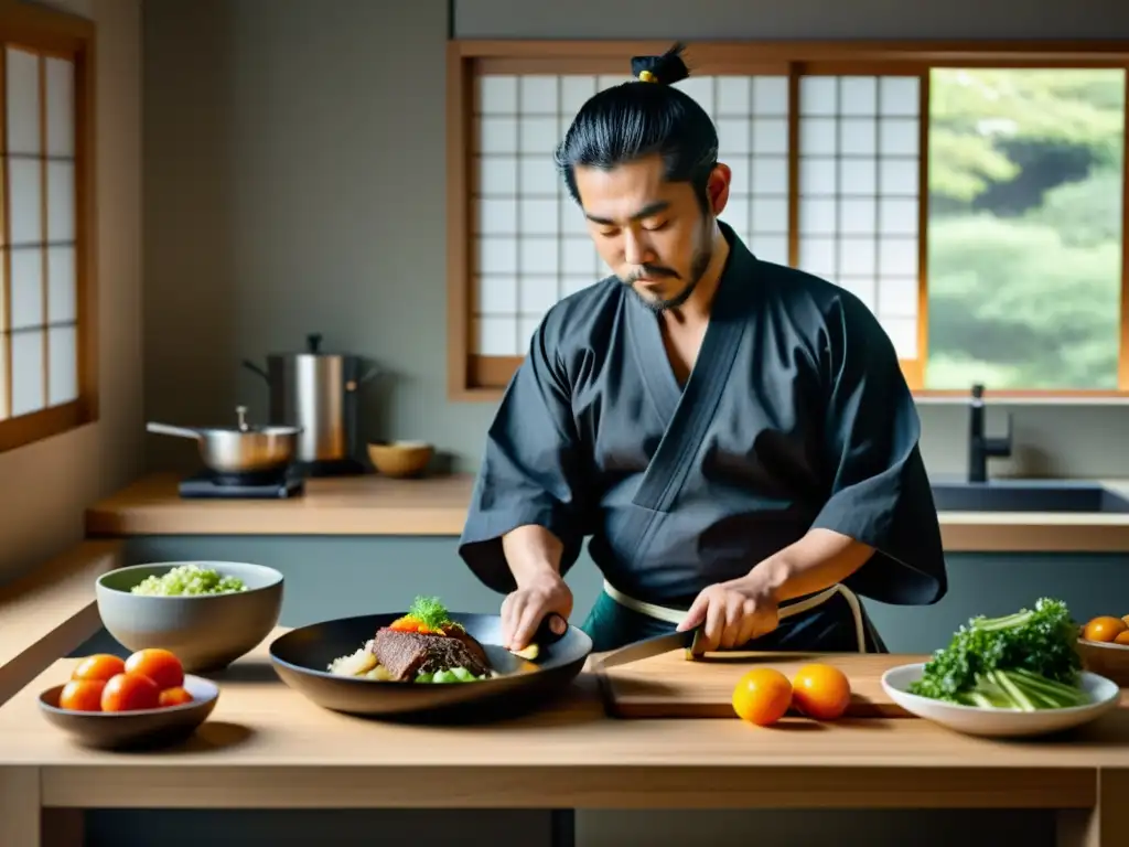 Un samurái japonés prepara una comida con precisión en una cocina serena y minimalista, destacando la importancia de la dieta y nutrición del samurái