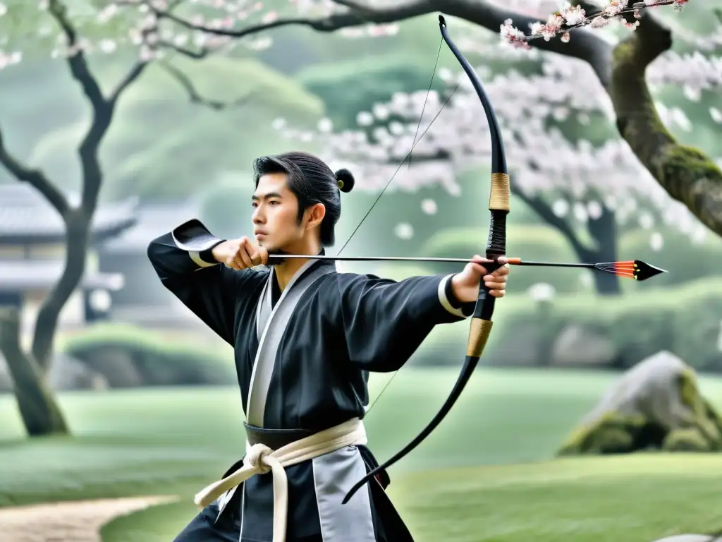 Un samurái japonés concentrado apunta su arco en un jardín de cerezos, conectando Zen y Kyudo