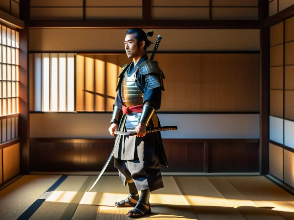 Un samurái japonés en un dojo tradicional, con armadura y katana