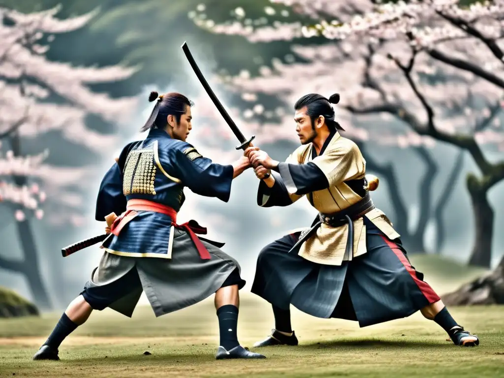 Un samurái japonés en duelo, con su katana reluciente en mano, en un escenario neblinoso con árboles de cerezo