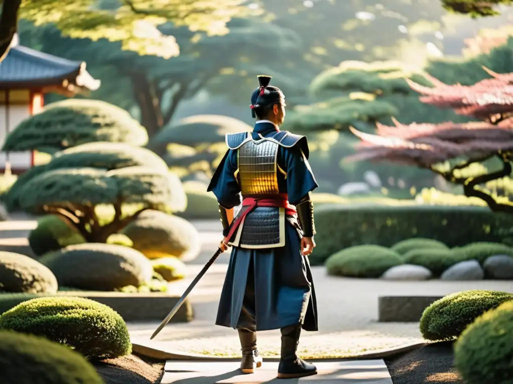 Un samurái en un jardín japonés al amanecer, con una espada y un bastón de entrenamiento