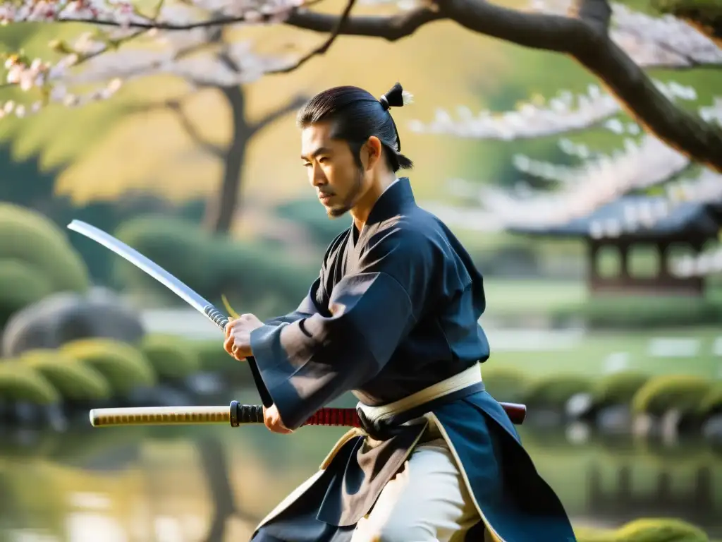 Un samurái japonés practicando Iaido en un jardín japonés sereno, reflejando la influencia del legado del Iaido en las artes marciales contemporáneas