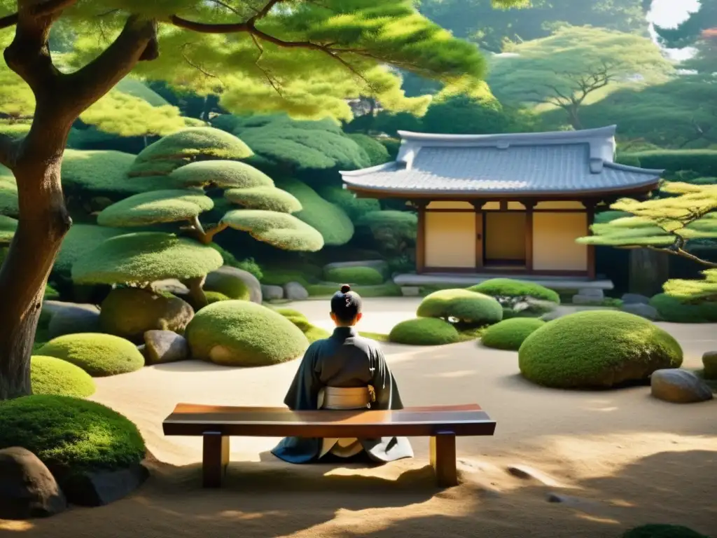 Un samurái medita en un jardín zen japonés, destacando la importancia de la filosofía Zen en samuráis