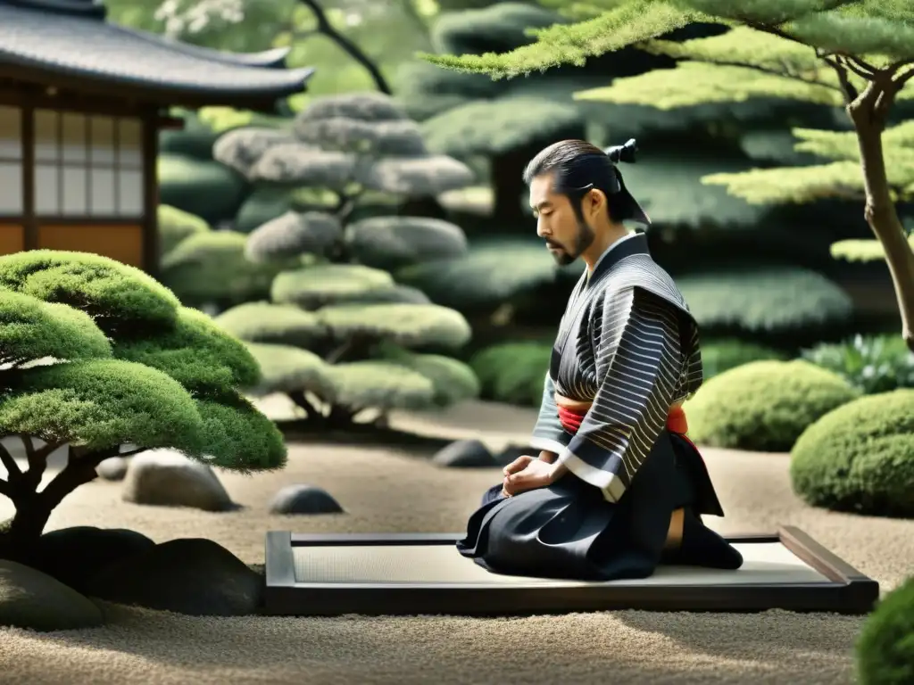 Un samurái medita en un jardín japonés, influencia del Zen en el Bushido