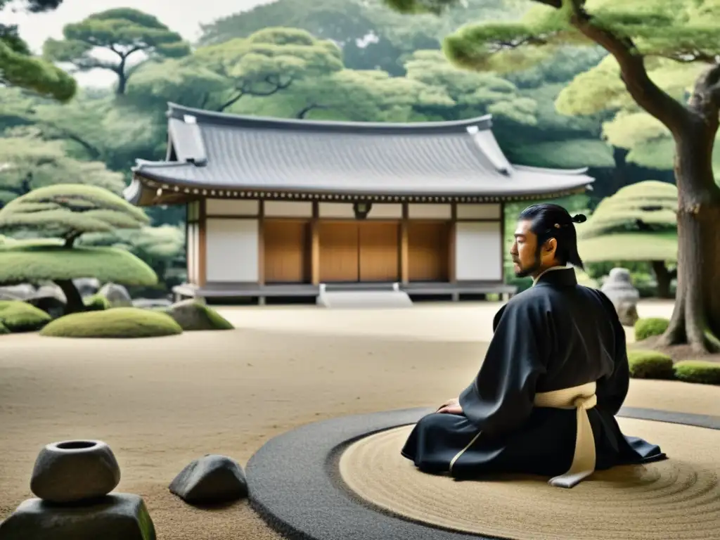 Un samurái meditando en un jardín japonés, transmitiendo la influencia del Zen en el Bushido