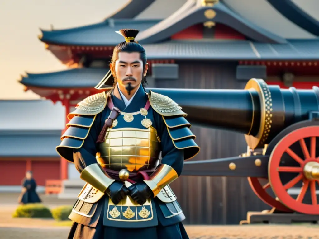 Un samurái japonés destaca junto a un cañón occidental en Japón feudal, fusionando tradiciones con tecnología de armamento