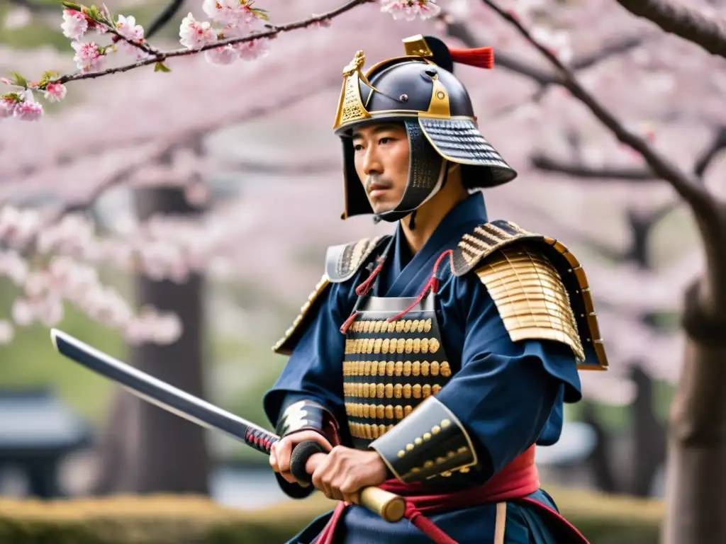 Un samurái japonés practicando kendo con una katana entre cerezos en flor