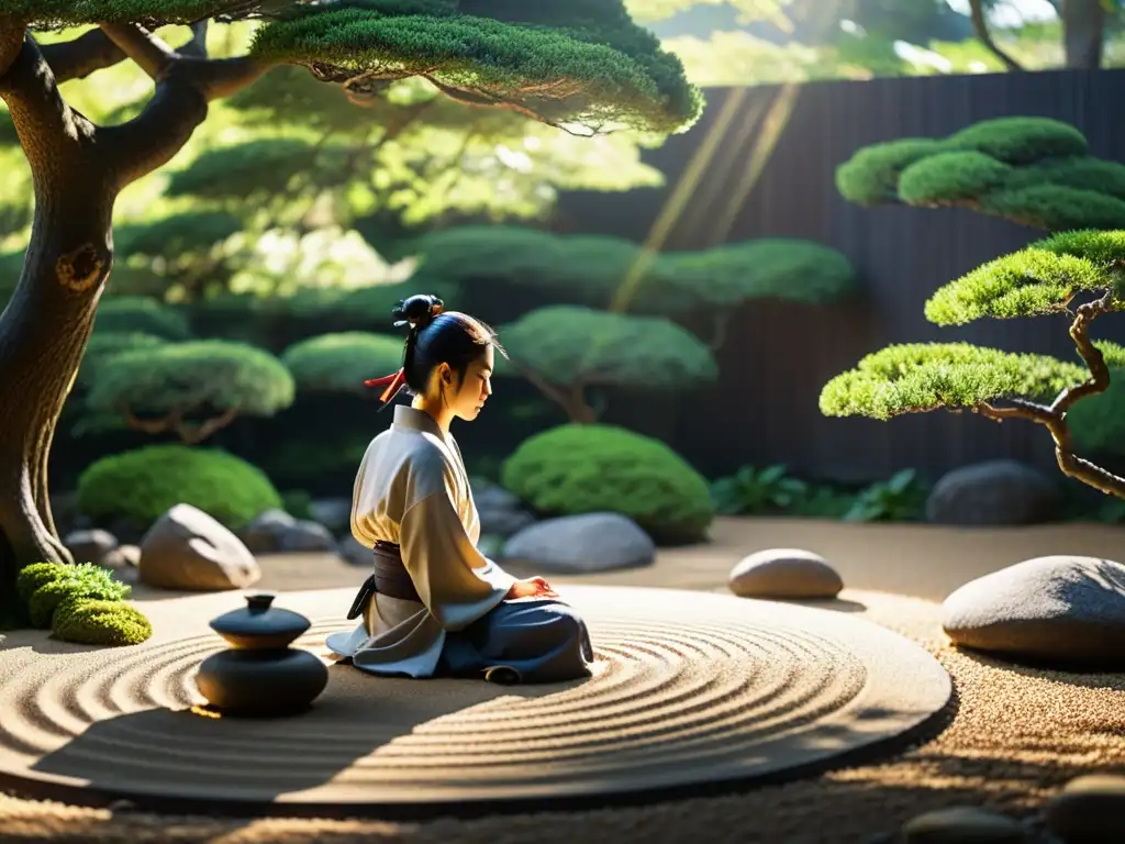 Un samurái medita en un jardín zen japonés, donde la luz y la serenidad se entrelazan con las prácticas Zen que influenciaron la cultura samurái