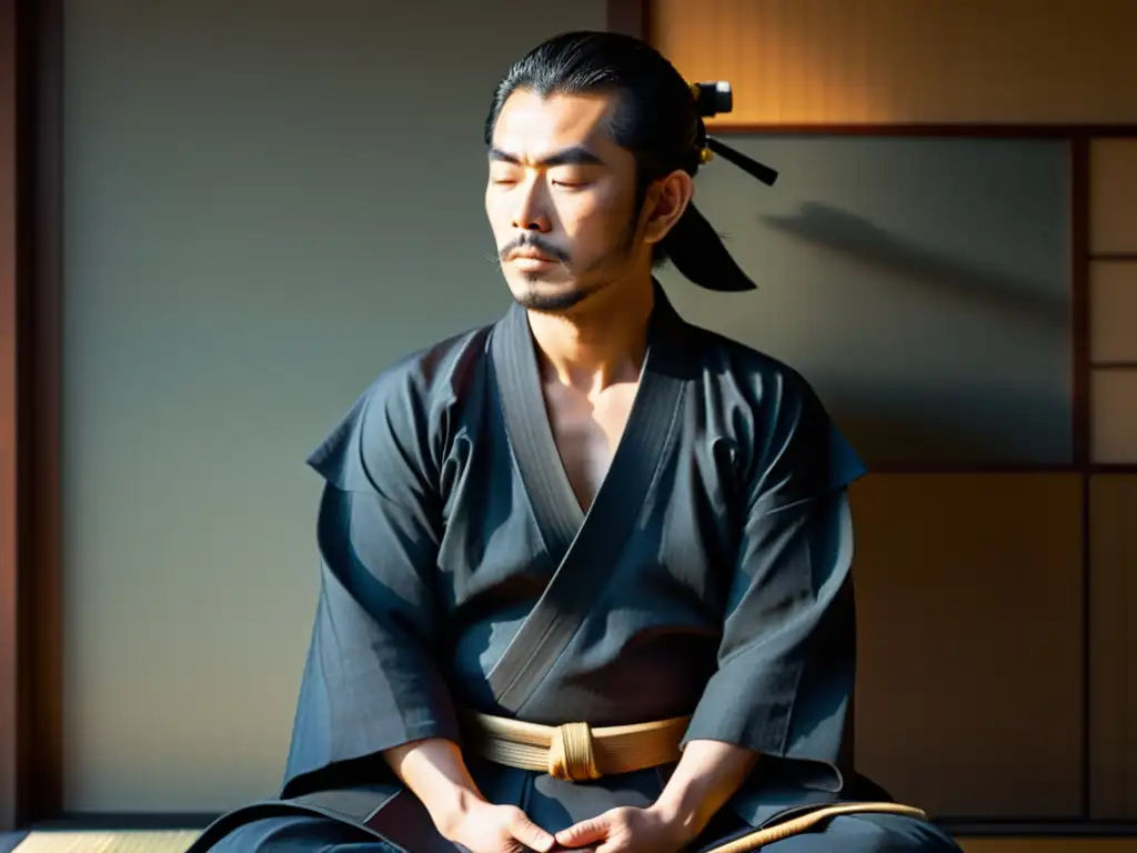 Un samurái japonés en meditación, con los ojos cerrados y las manos en el regazo