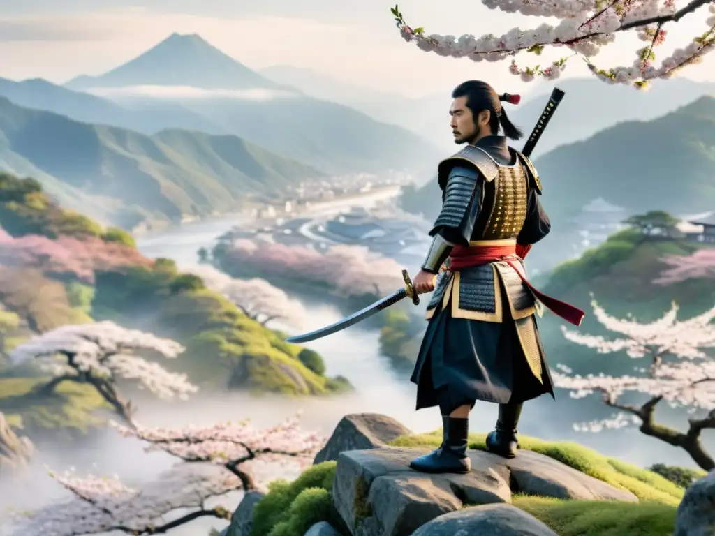 Samurai en la cima: honor y serenidad japonesa Un samurái japonés de pie en un acantilado rocoso, con armadura ornamentada y sosteniendo una katana reluciente, en un paisaje sereno