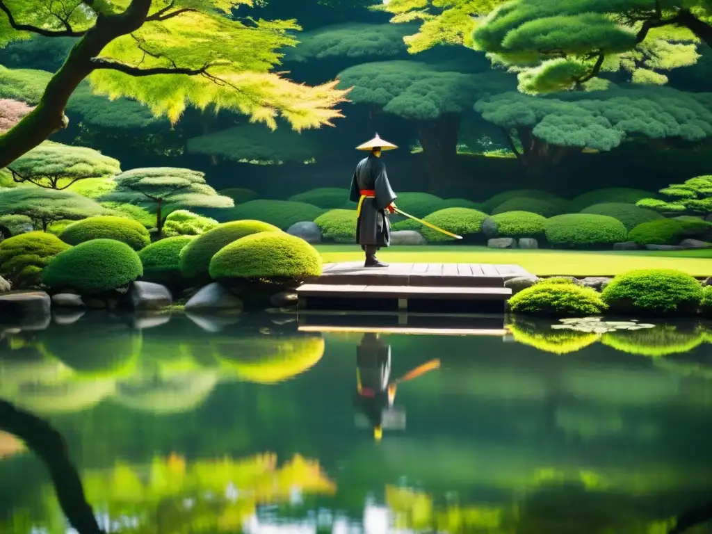 Un samurái reflexiona en un jardín japonés, reflejando principios samuráis para bienestar mental