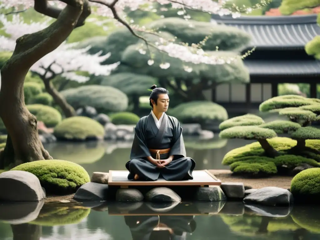 Un samurái medita en un jardín japonés, rodeado de bonsáis y un estanque sereno, creando una atmósfera de paz y concentración