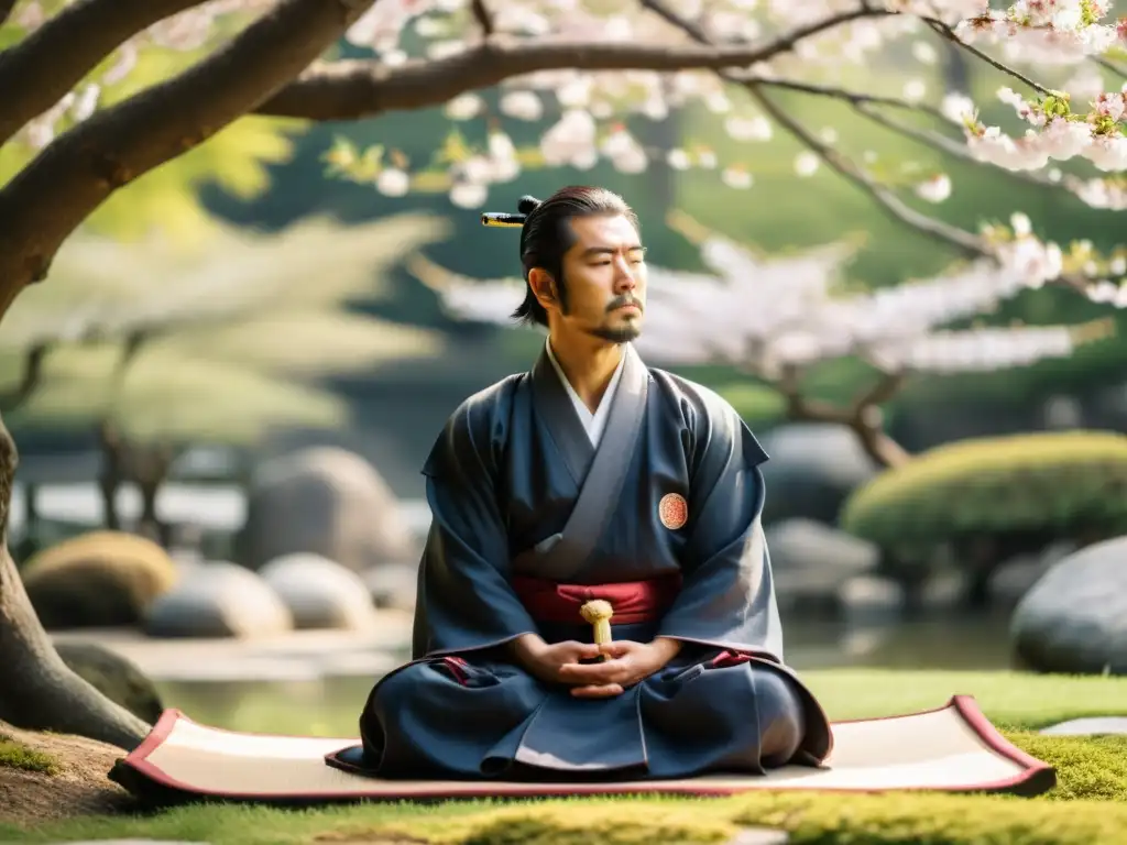 Un samurái en meditación zazen en un jardín japonés, rodeado de cerezos en flor