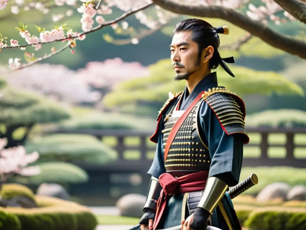 Un samurái en un jardín japonés, rodeado de cerezos en flor, emana paz en la batalla