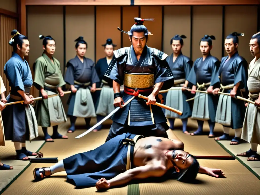 Un samurái japonés realiza seppuku rodeado de feudalistas en una escena solemne que refleja la crítica social en Harakiri samurái