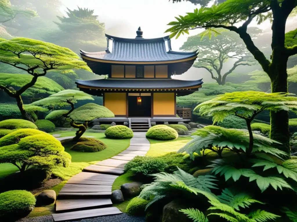 Un samurái medita en un jardín japonés, rodeado de naturaleza serena y un antiguo farol de piedra