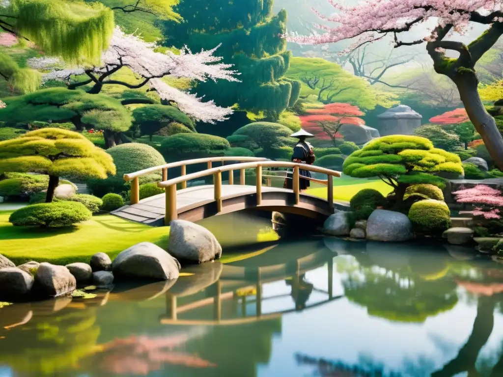 Un samurái reflexiona en un jardín japonés, rodeado de naturaleza serena y un puente de madera tradicional