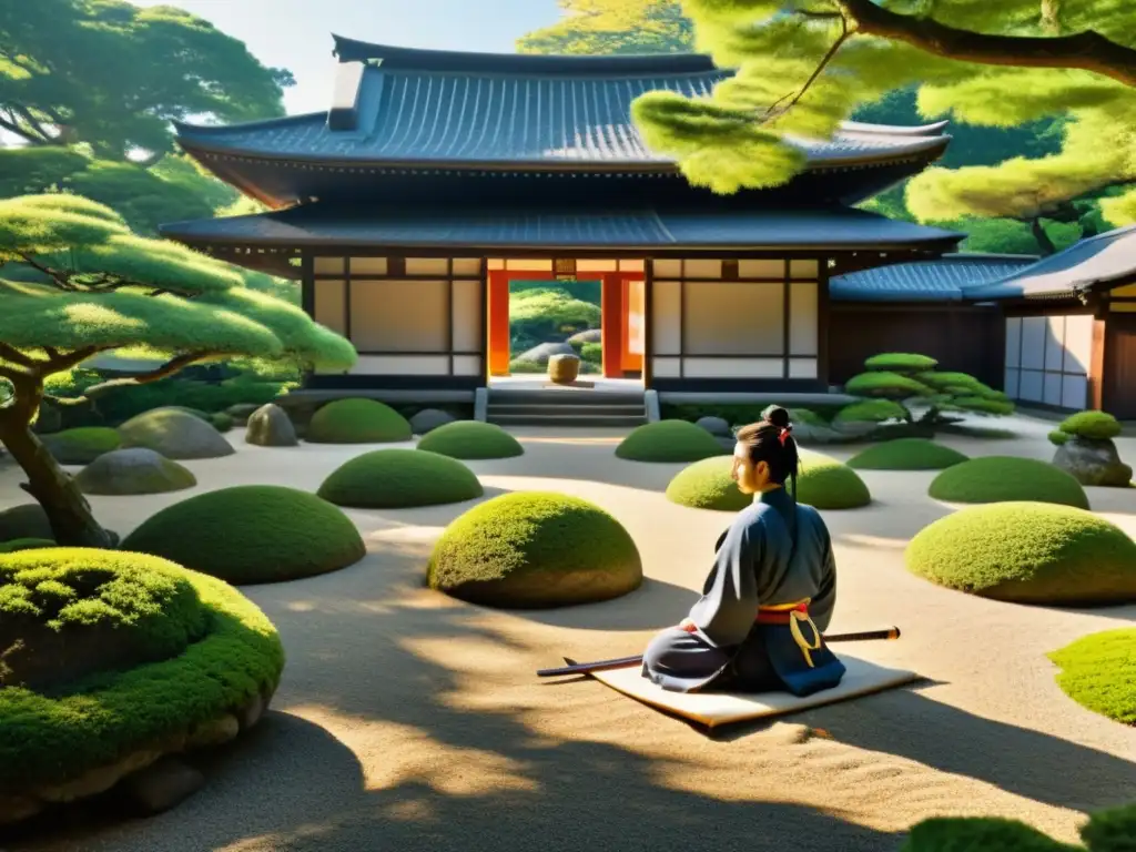 Un samurái medita en un jardín japonés, rodeado de naturaleza y tranquilidad, reflejando las técnicas de meditación zen samurái