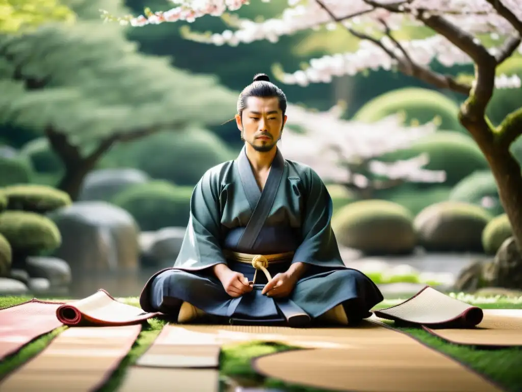 Un samurái medita en un jardín japonés, rodeado de naturaleza serena