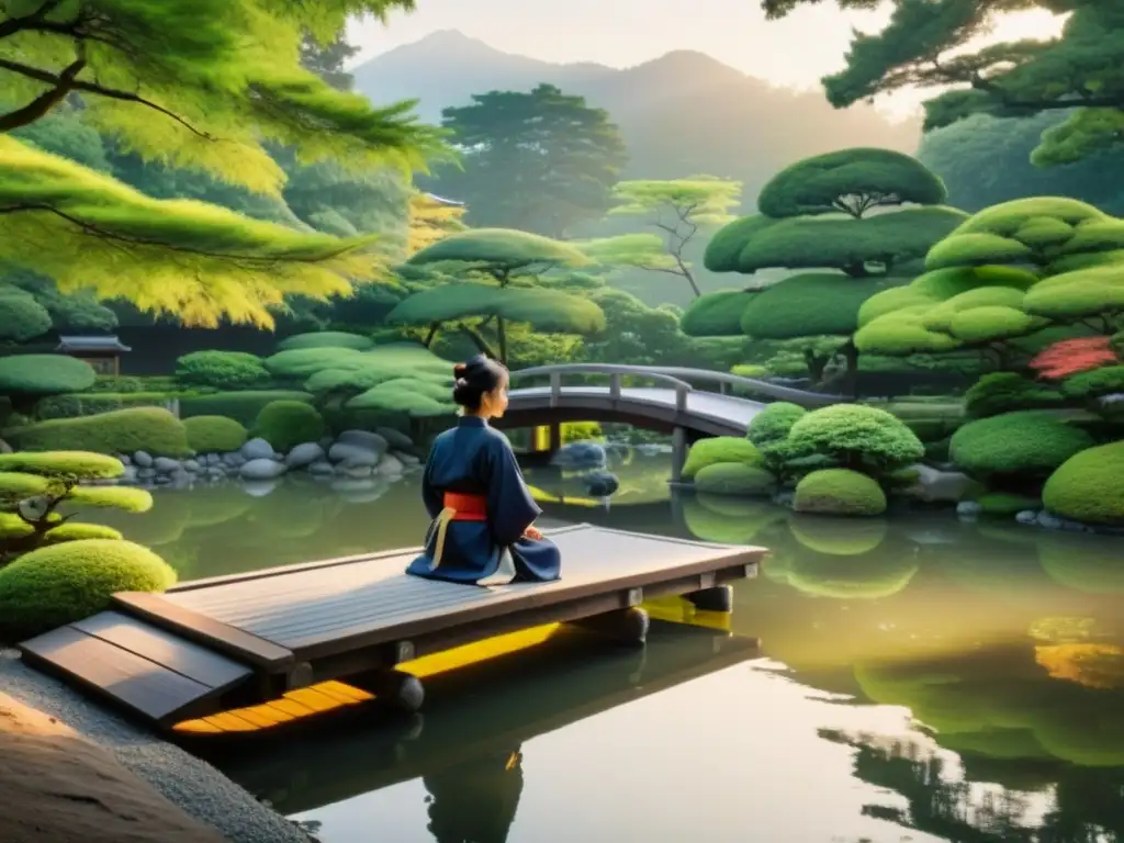 Un samurái medita en un jardín japonés al amanecer, reflejando la serenidad y sabiduría del 'Satori en la vida cotidiana samurái'