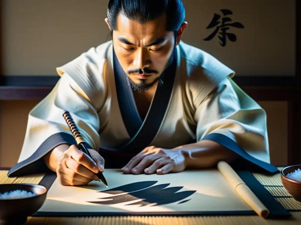 Un samurái japonés practica Shodo con concentración, mostrando la importancia del Shodo en la cultura samurái