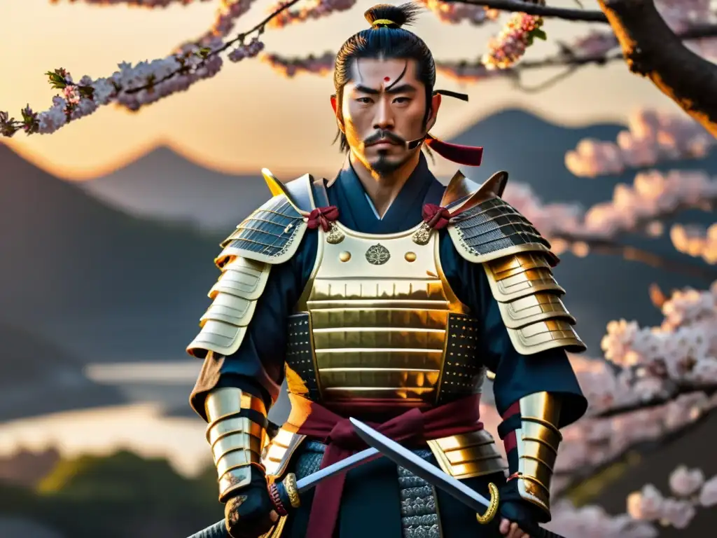 Un samurái japonés tradicional en armadura, sosteniendo una katana, rodeado de flores de cerezo al atardecer