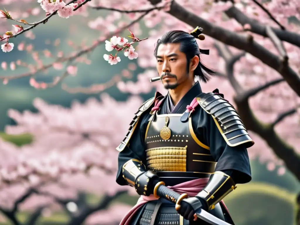 Un samurái japonés tradicional, con armadura completa y sosteniendo una katana, frente a un árbol de cerezo en flor