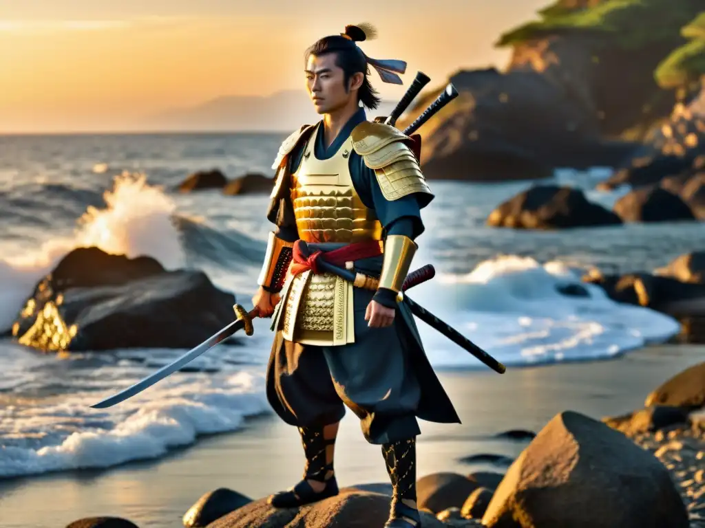 Un samurái japonés tradicional con armadura detallada y katana, en la costa rocosa al atardecer