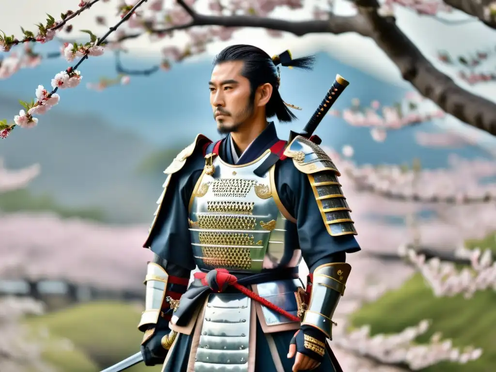 Un samurái japonés tradicional en armadura detallada, con katana en mano, frente a un paisaje de serenos cerezos en flor