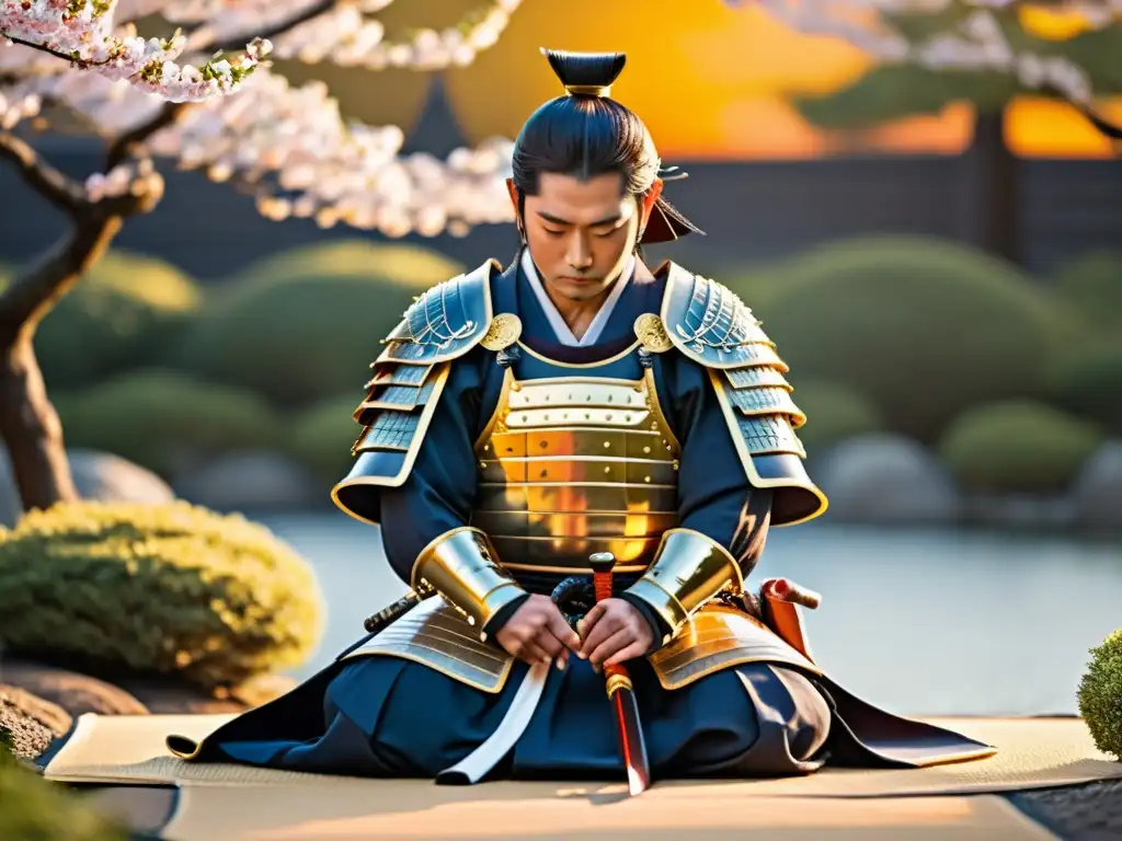 Un samurái japonés tradicional arrodillado con una katana, el sol poniéndose detrás
