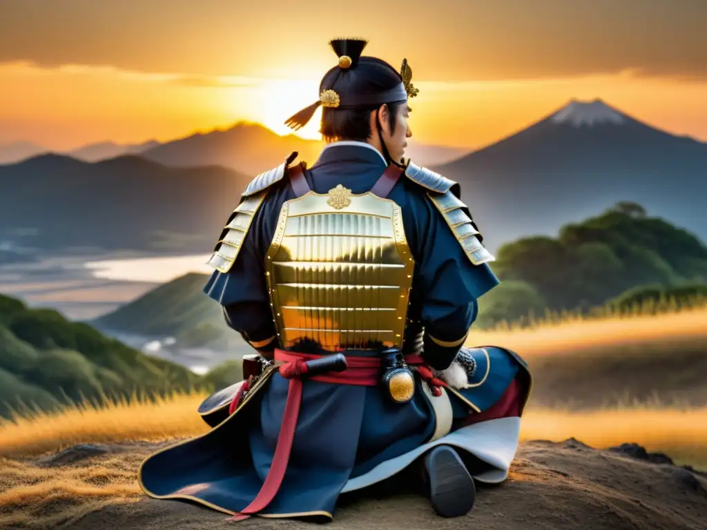 Un samurái japonés tradicional arrodillado en armadura completa, sosteniendo una katana con ambas manos, con el sol poniéndose detrás de él, creando un brillo dorado sobre el paisaje