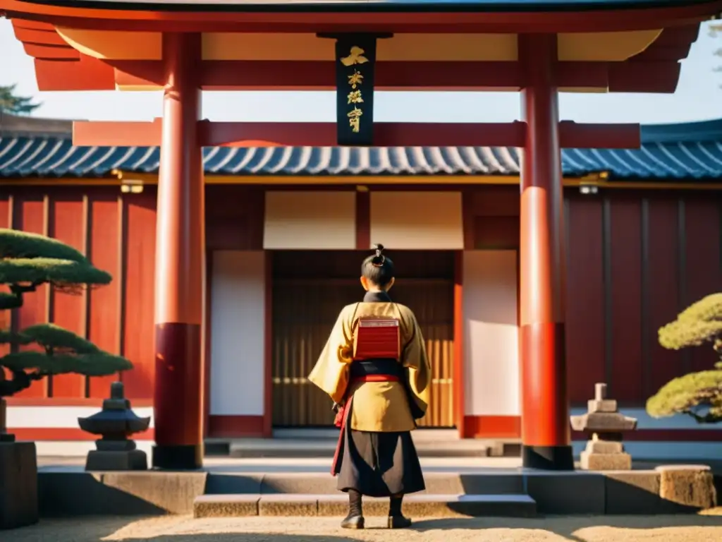 Un samurái japonés tradicional frente a un santuario Shinto, irradiando serenidad y respeto