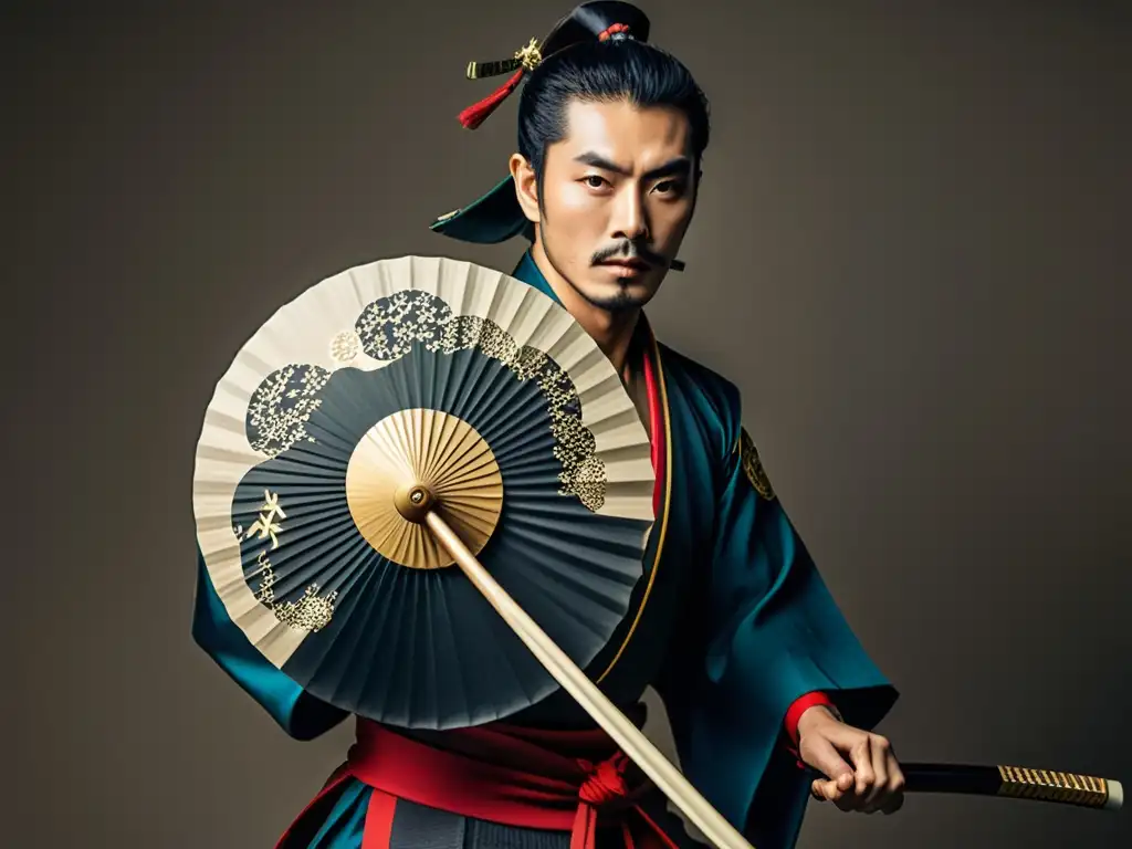 Un samurái japonés tradicional ejecuta con gracia movimientos de artes marciales con su abanico, mostrando la elegancia y poder del arte