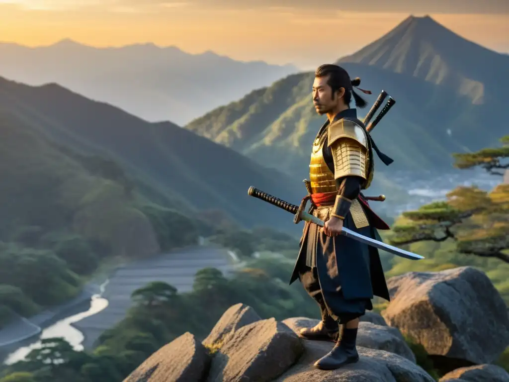 Un samurái japonés tradicional con katana observa paisaje montañoso al atardecer