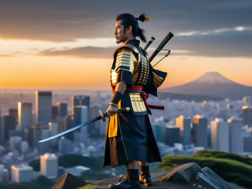 Un samurái japonés tradicional de pie en una colina, observando el horizonte de una ciudad moderna al atardecer