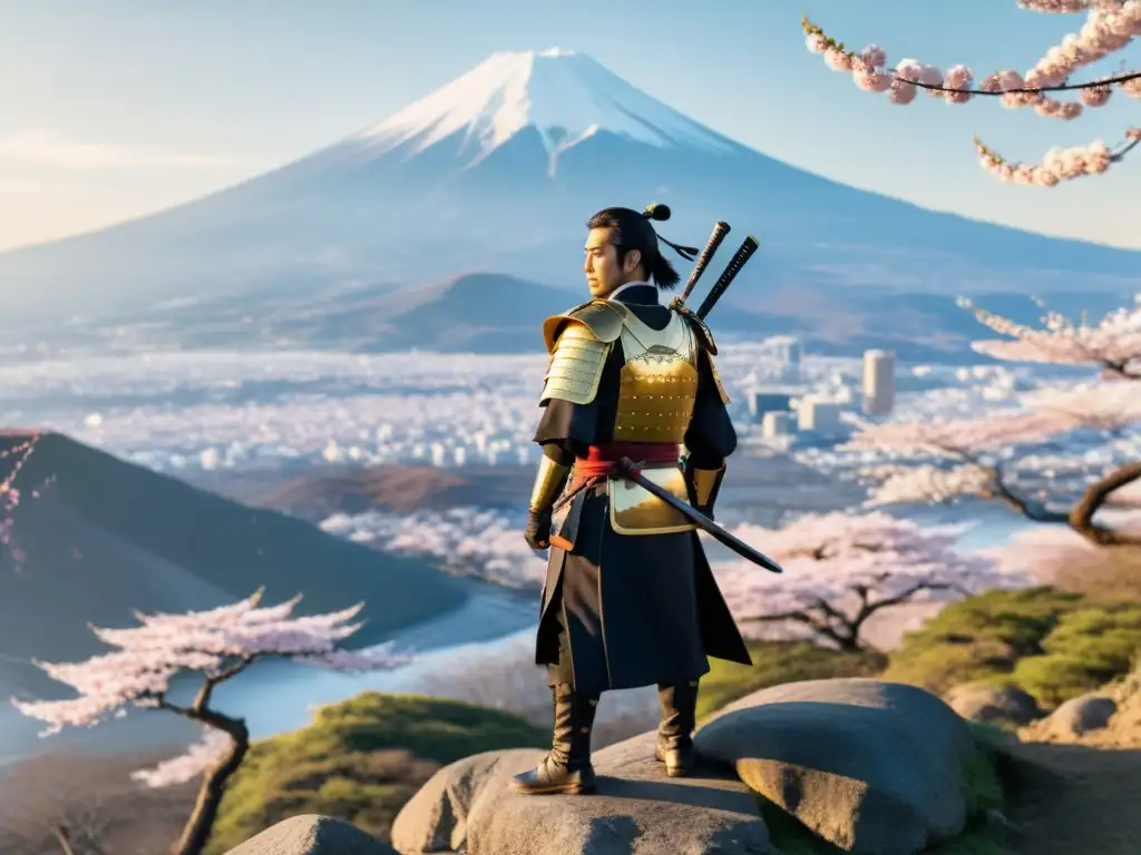 Un samurái japonés tradicional de pie en un acantilado rocoso, contemplando un valle sereno lleno de cerezos en flor, con el Monte Fuji de fondo