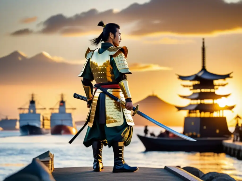 Un samurái japonés tradicional de pie en el borde de un bullicioso puerto, con un majestuoso amanecer que proyecta un brillo dorado sobre el horizonte