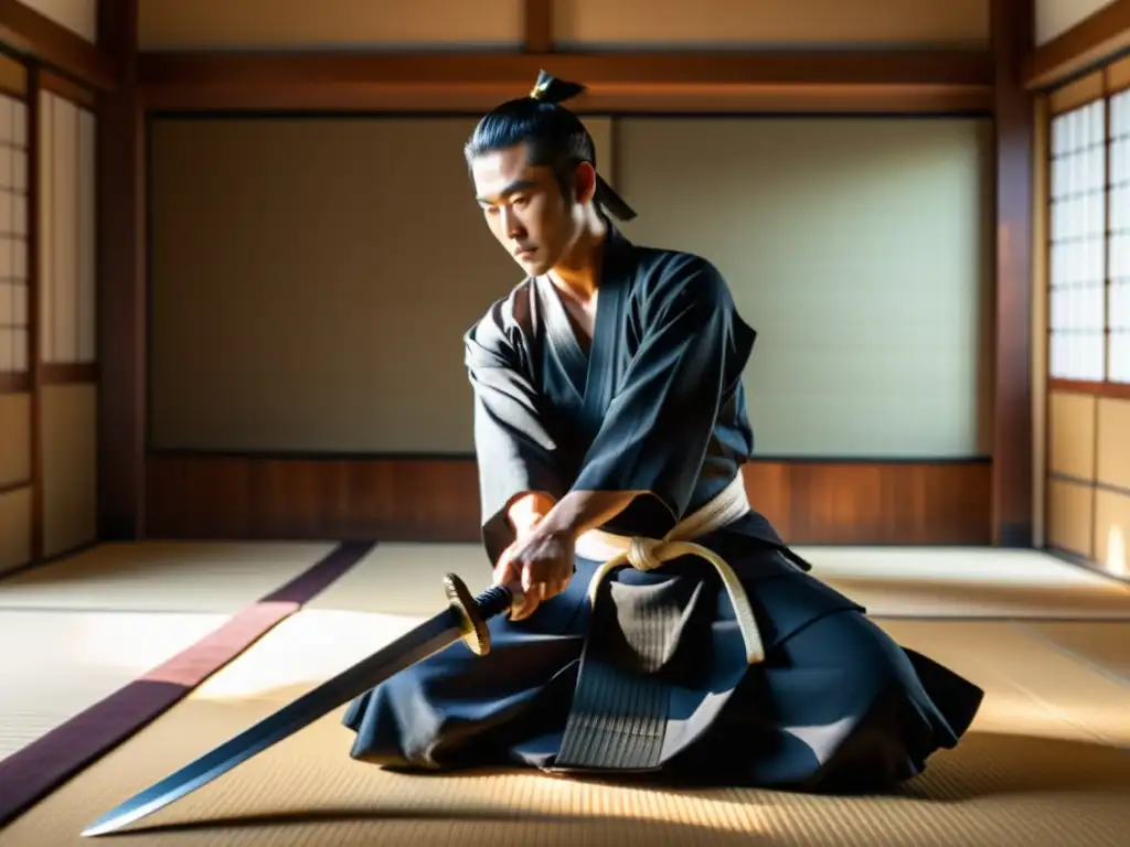 Un samurái japonés tradicional realiza una precisa kata con espada en un dojo iluminado por el sol, destacando la ética del samurái Bushido