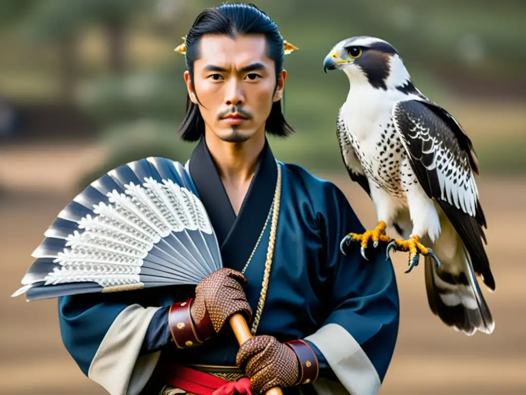 Un samurái japonés en traje tradicional sostiene un majestuoso halcón en su guante de cuero, en un paisaje neblinoso