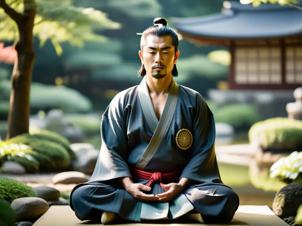 Un samurái meditando en un jardín japonés, irradiando tranquilidad y fuerza interior