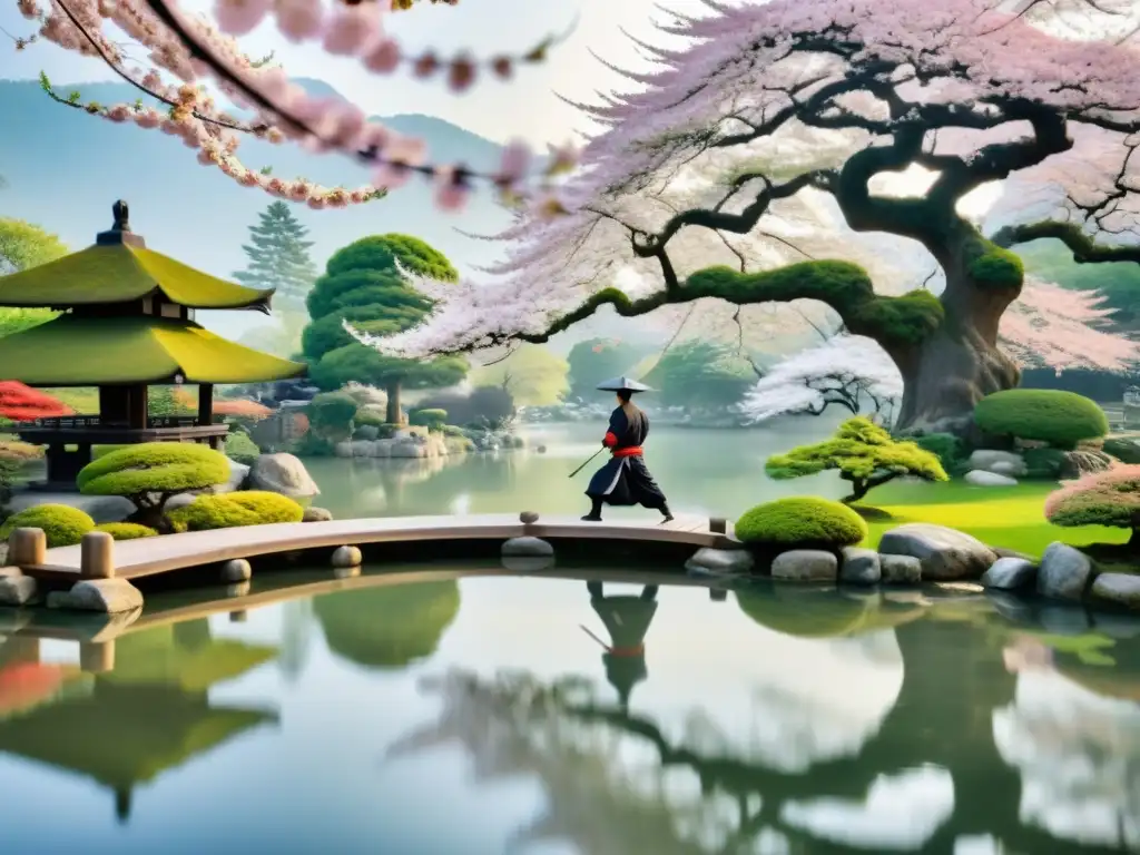 Un samurái practica tai chi en un jardín japonés tranquilo, rodeado de cerezos en flor y una atmósfera de serenidad