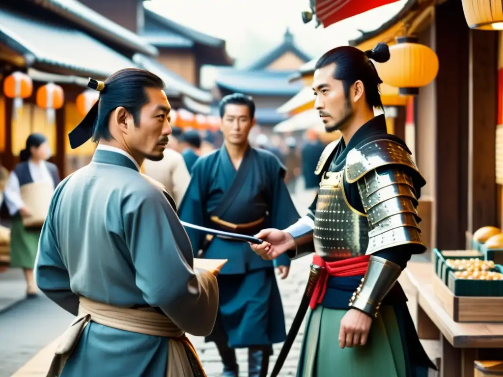 Samurai japonés en transacción comercial global Un samurái japonés realiza una transacción comercial con un comerciante extranjero en un bullicioso mercado, mostrando la influencia silenciosa de los samuráis en el comercio global