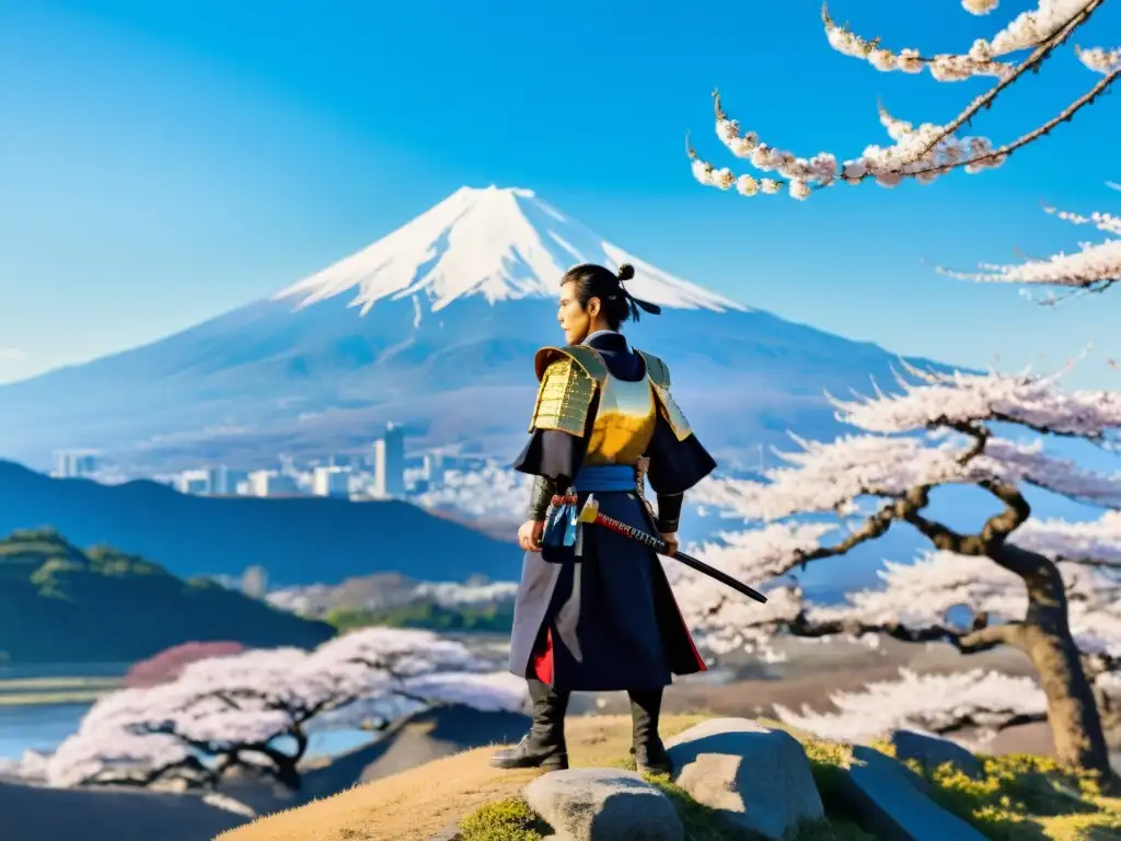 Un samurái japonés contempla el valle de cerezos en flor, con el monte Fuji al fondo