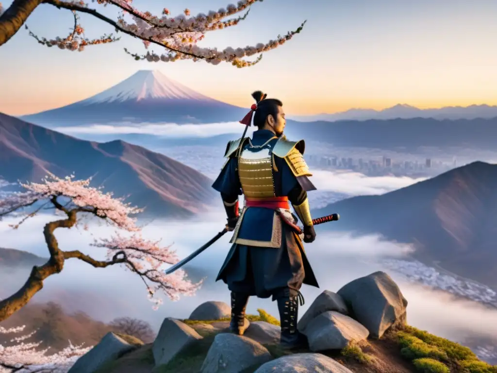 Un samurái japonés contempla un valle neblinoso con cerezos en flor mientras el sol se pone detrás de las montañas nevadas