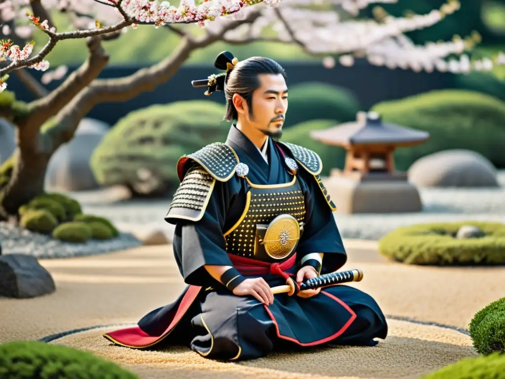 Samurái en jardín zen: equilibrio entre honor y armonía Un samurái japonés en meditación zen, rodeado de un jardín sereno con bonsáis y sakuras en flor