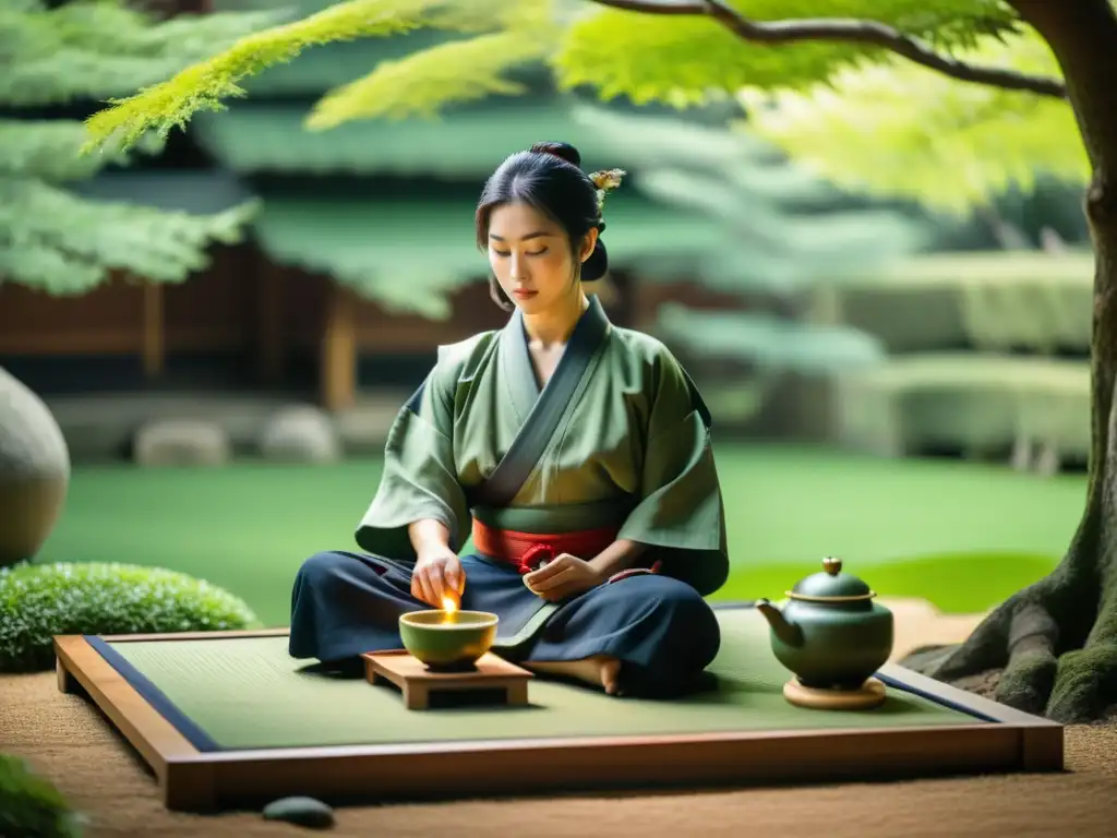 Un samurái en meditación junto a un bol de té matcha en un jardín sereno